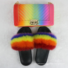 100%Real Fox Fur Slippers Women Fur Slides Rainbow Shoe Cute Fur Flip Flops Women Travel Furry Shoes Jelly Bags Set Fashion Bags